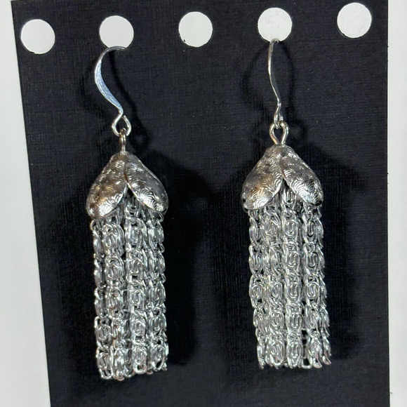Vintage Chain Tassel Fringe Dangle Hook Earrings Silver Tone Jellyfish Retro - Picture 2 of 9